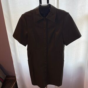 Olive Green Leather Short Sleeve Shap Button-Up Dress by TopShop